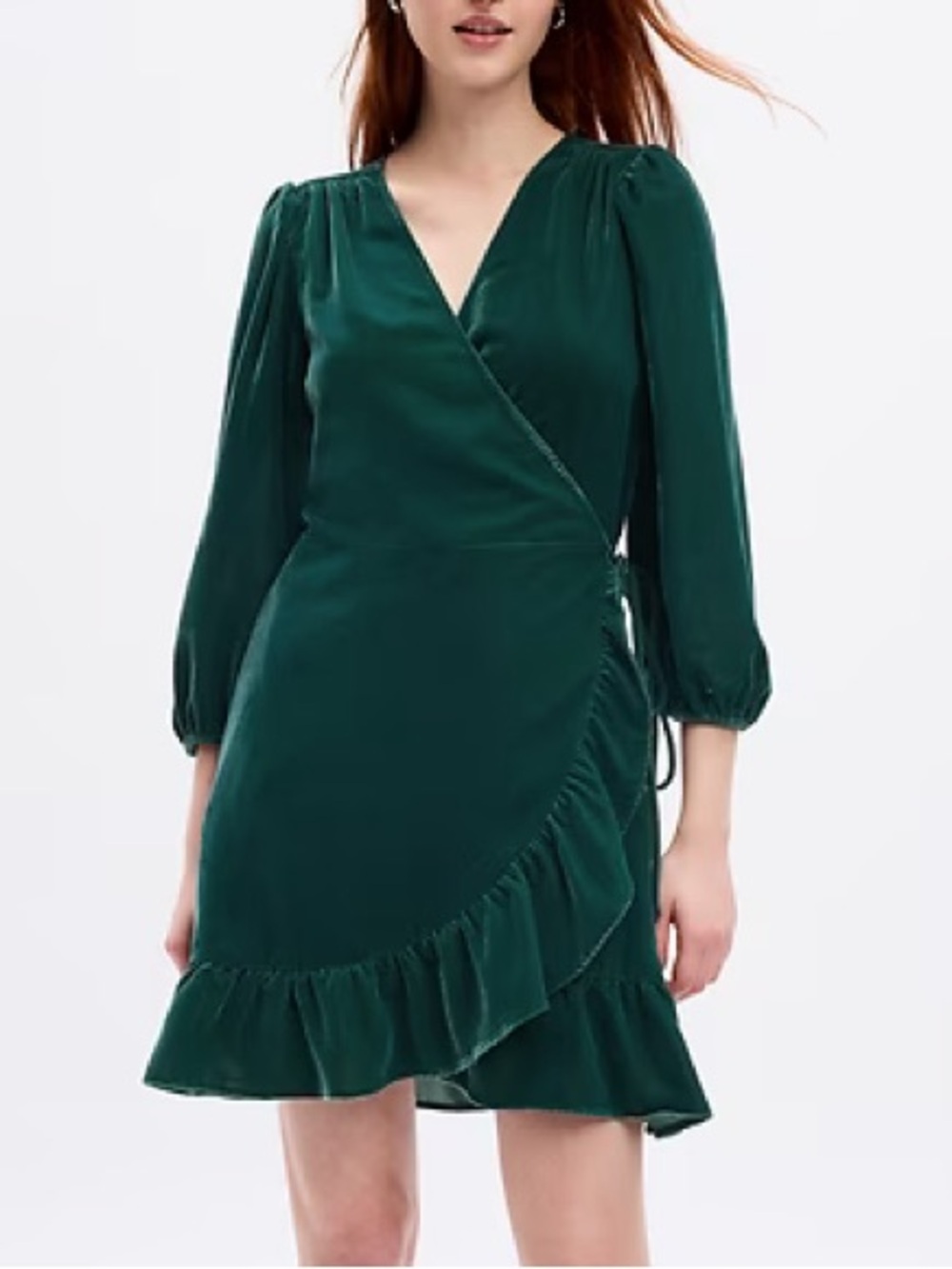 Gap Women XS Green Puff Sleeves V-Neck Ruffle Hem Velvet Wrap Mini Dress NWT